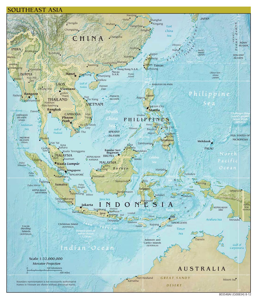 Крупномасштабная политическая карта Юго-Восточной Азии с рельефом - 2012