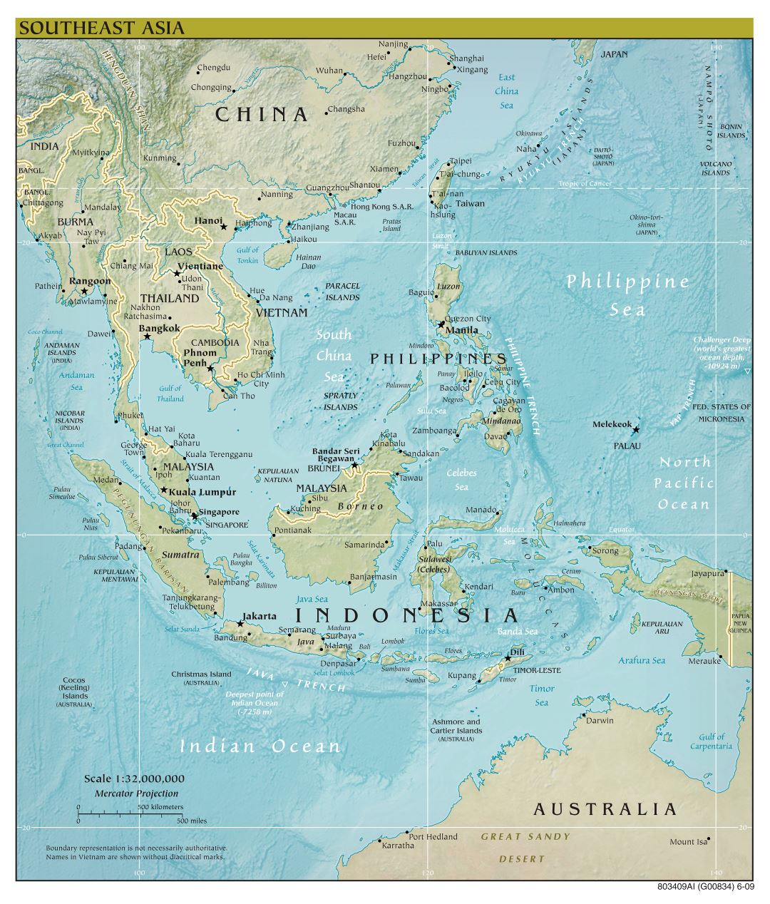 Крупномасштабная политическая карта Юго-Восточной Азии с рельефом и столицами - 2009