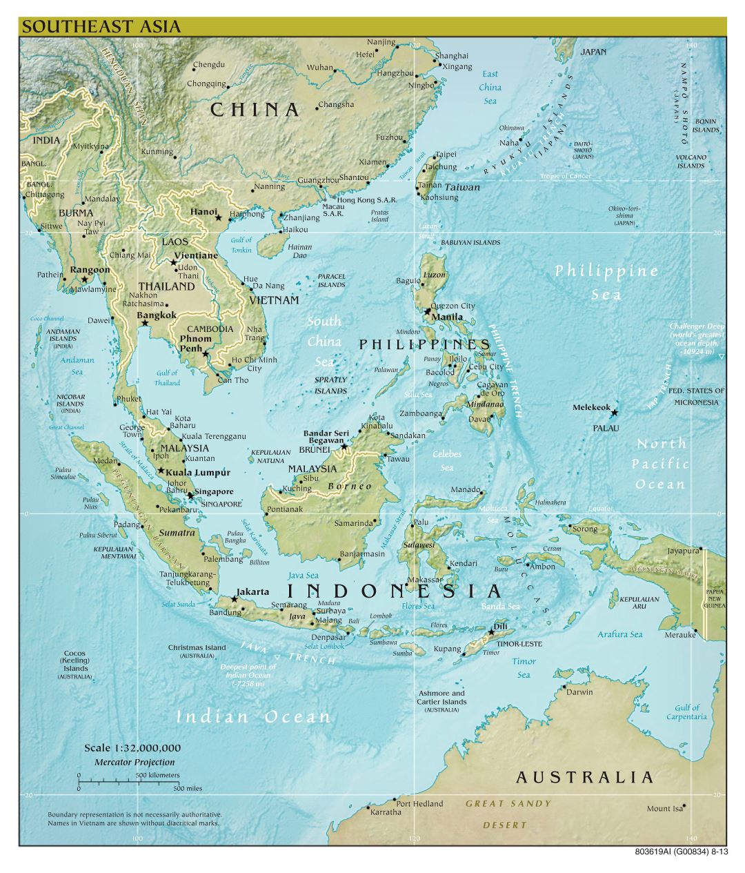 Крупномасштабная политическая карта Юго-Восточной Азии с рельефом, столицами стран и крупными городами - 2013