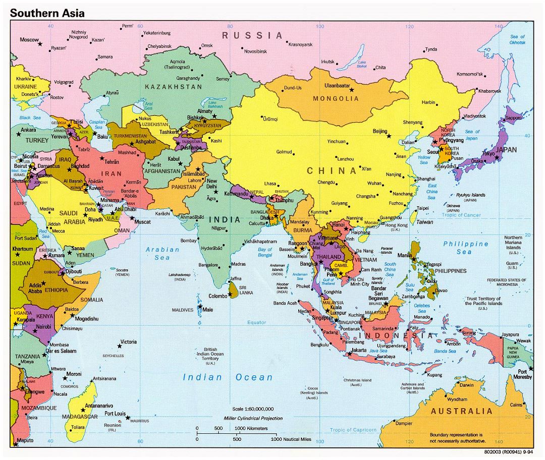 Детальная политическая карта южной части Азии со столицами и крупными городами - 1994