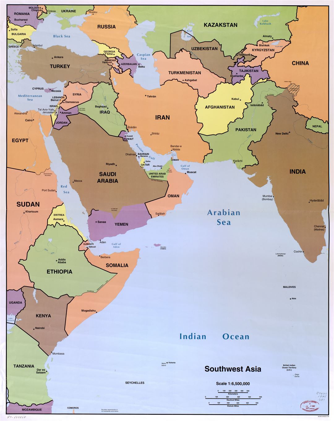 Крупномасштабная политическая карта Юго-Западной Азии со столицами - 1996