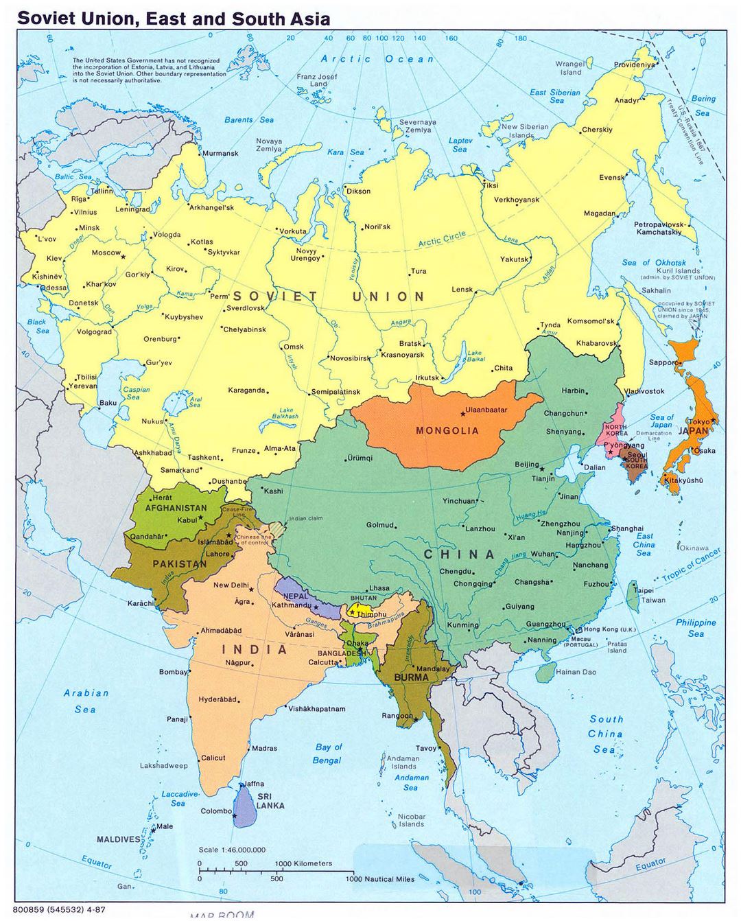 Большая карта Советского Союза, Восточной и Южной Азии - 1987