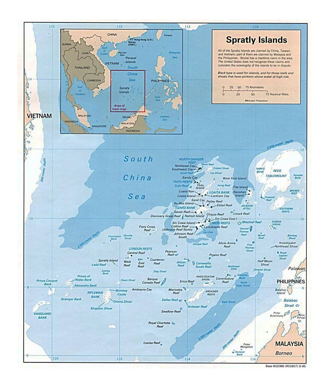 Большая политическая карта островов Спратли - 1995
