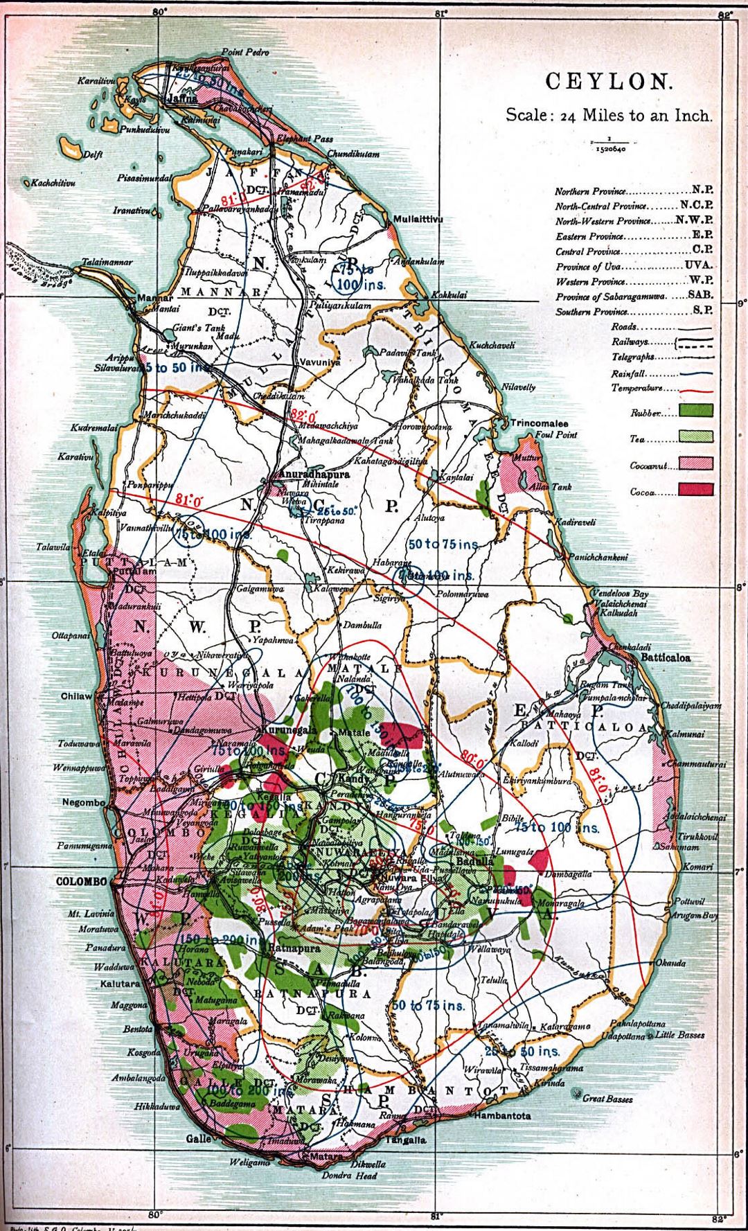 Детальная старая карта Цейлона (Шри-Ланка) - 1914