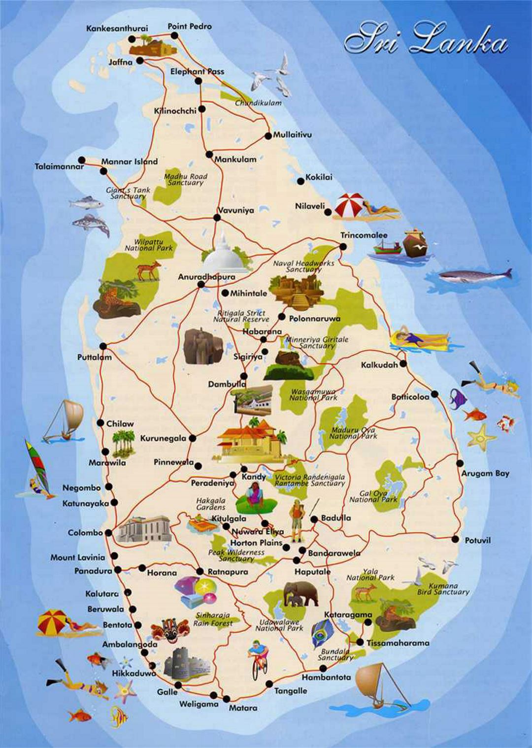 Детальная туристическая карта Шри-Ланки