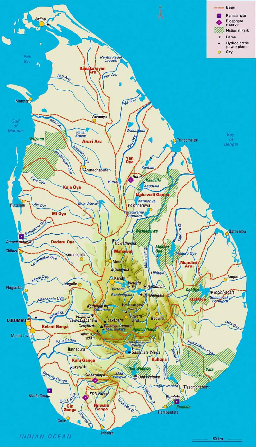 Карта высот и туристическая карта Шри-Ланки с административными делениями