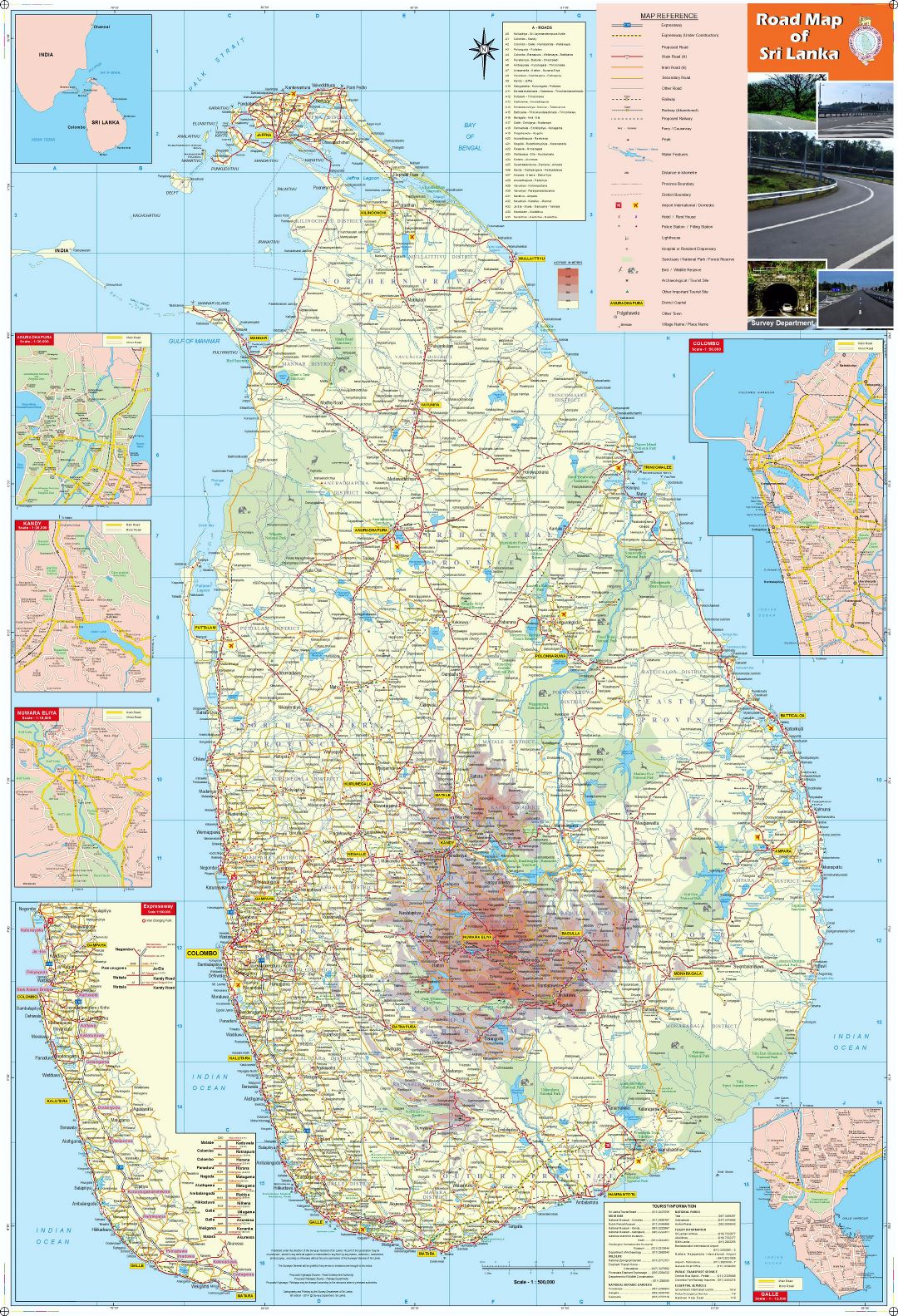 Большая детальная карта Шри-Ланки со всеми городами, дорогами, железными дорогами, аэропортами и другими пометками