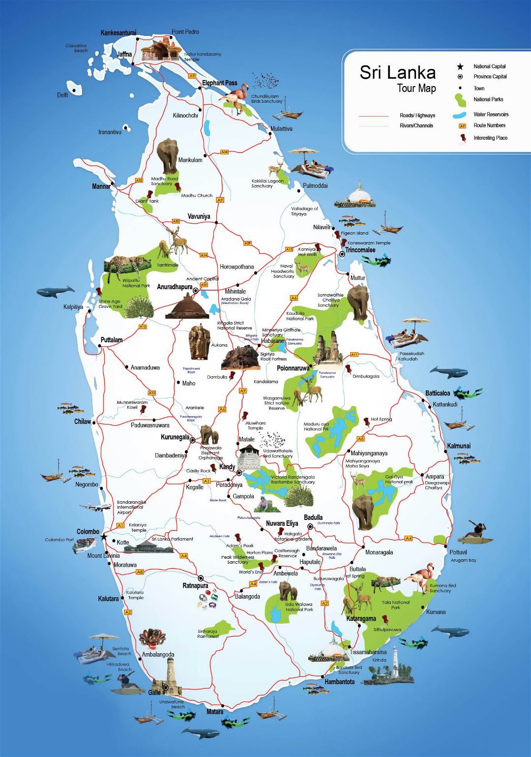 Большая детальная туристическая карта Шри-Ланки