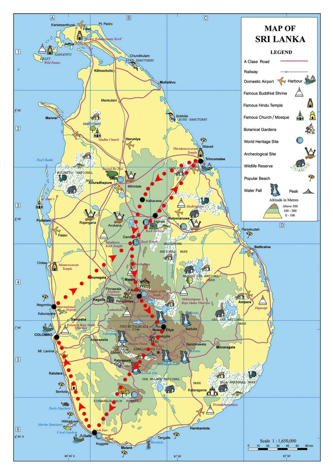 Большая карта высот и туристическая карта Шри-Ланки
