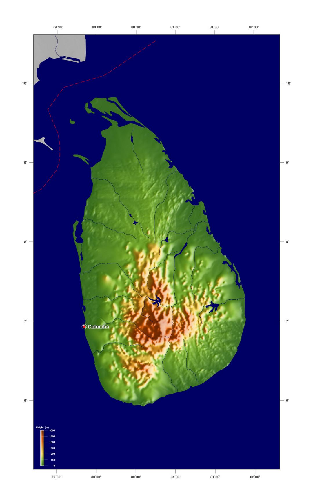 Большая карта высот Шри-Ланки