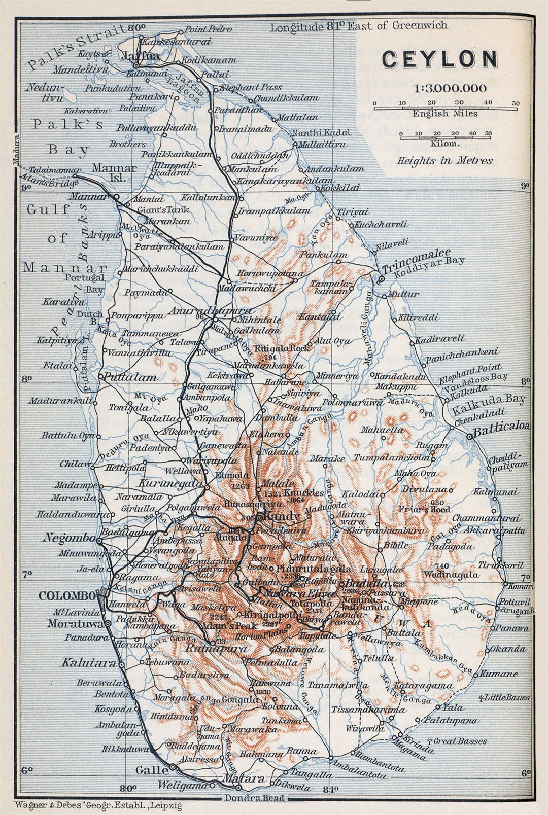 Большая старая карта Шри-Ланки с дорогами, городами и рельефом - 1914