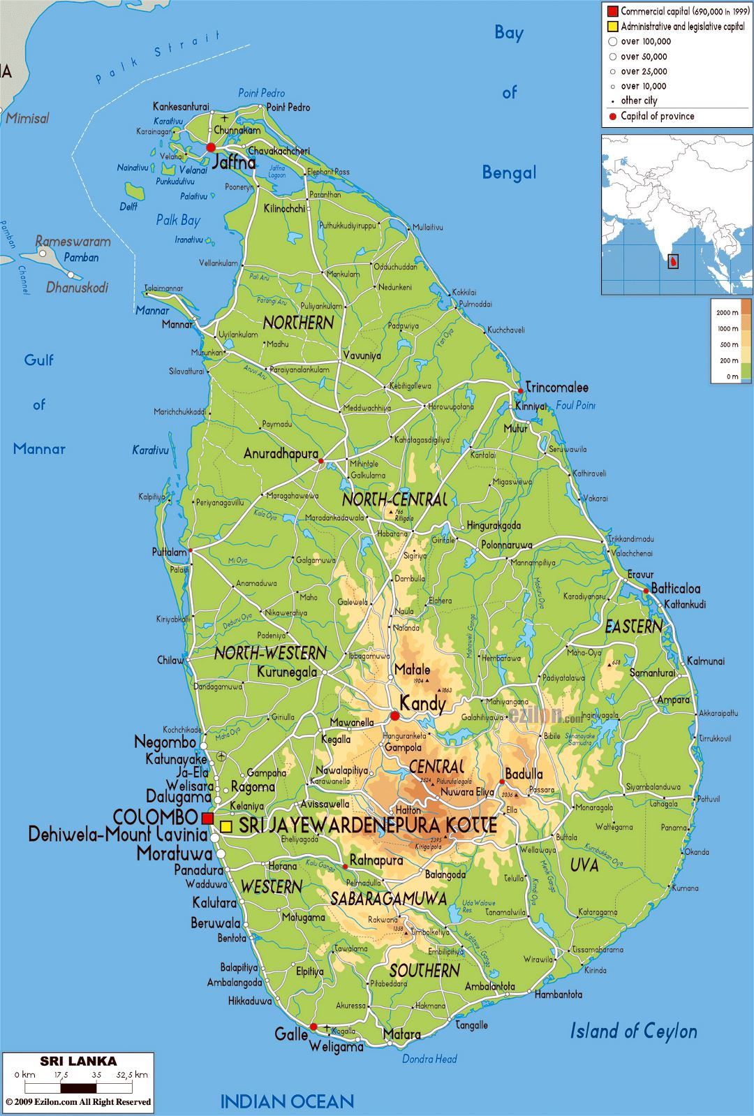 Большая физическая карта Шри-Ланки с дорогами, городами и аэропортами