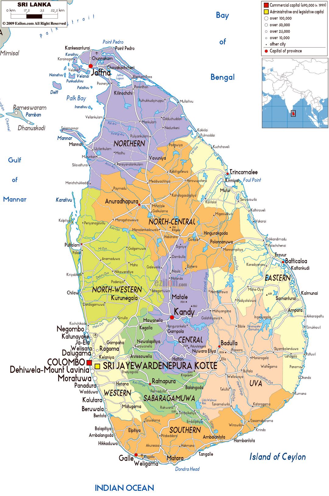 Большая политическая и административная карта Шри-Ланки с дорогами, городами и аэропортами