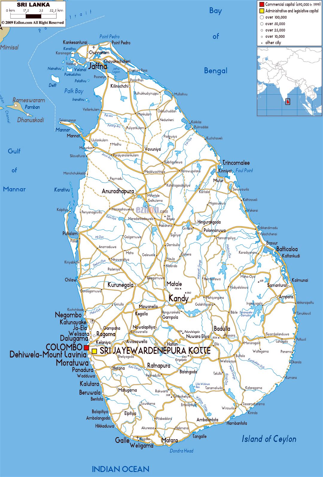 Большая карта дорог Шри-Ланки с городами и аэропортами