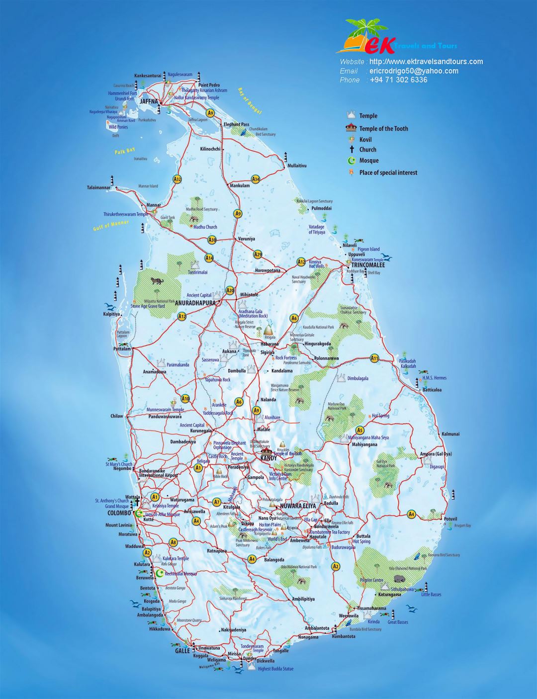 Большая туристическая карта Шри-Ланки с другими пометками