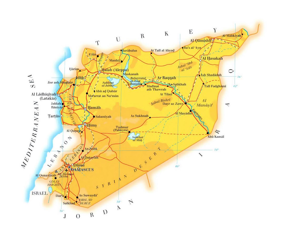 Детальная карта высот Сирии с дорогами, железными дорогами, городами и аэропортами