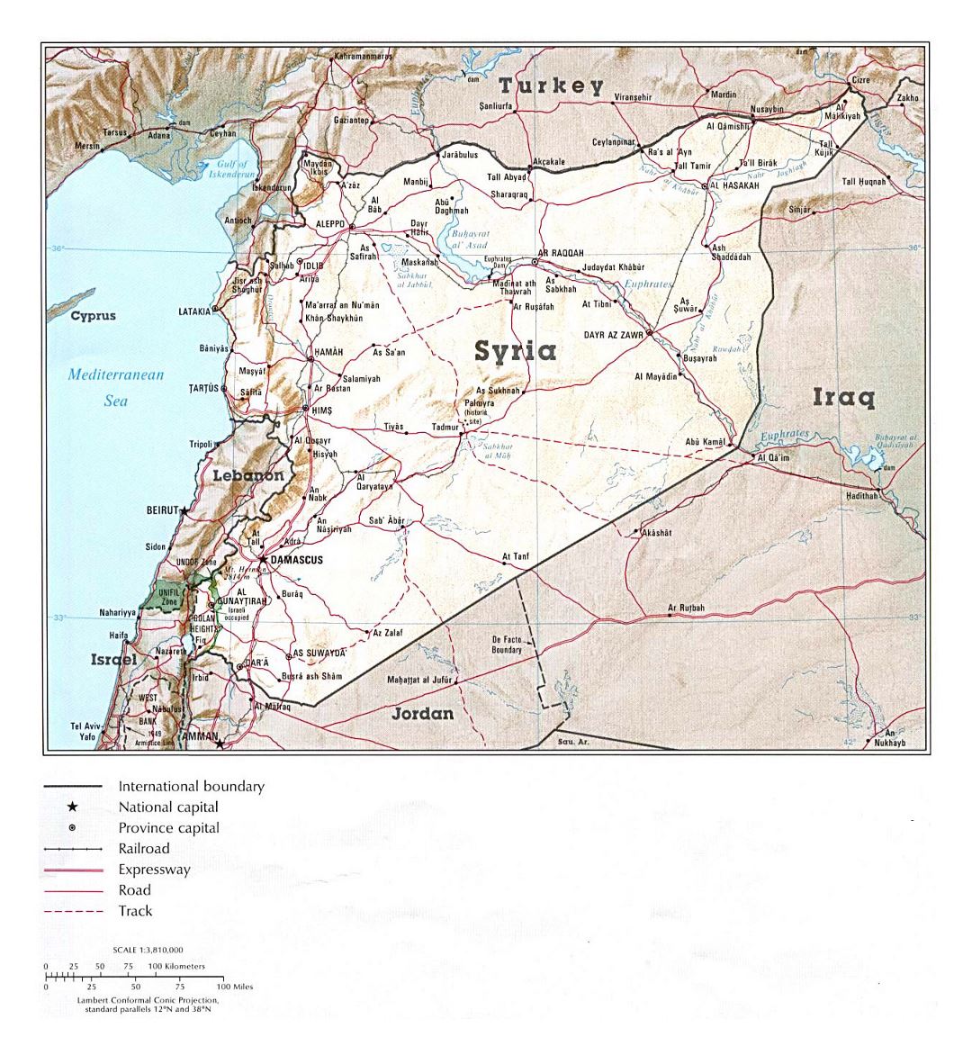 Детальная политическая карта Сирии с рельефом, дорогами, железными дорогами и крупными городами - 1993