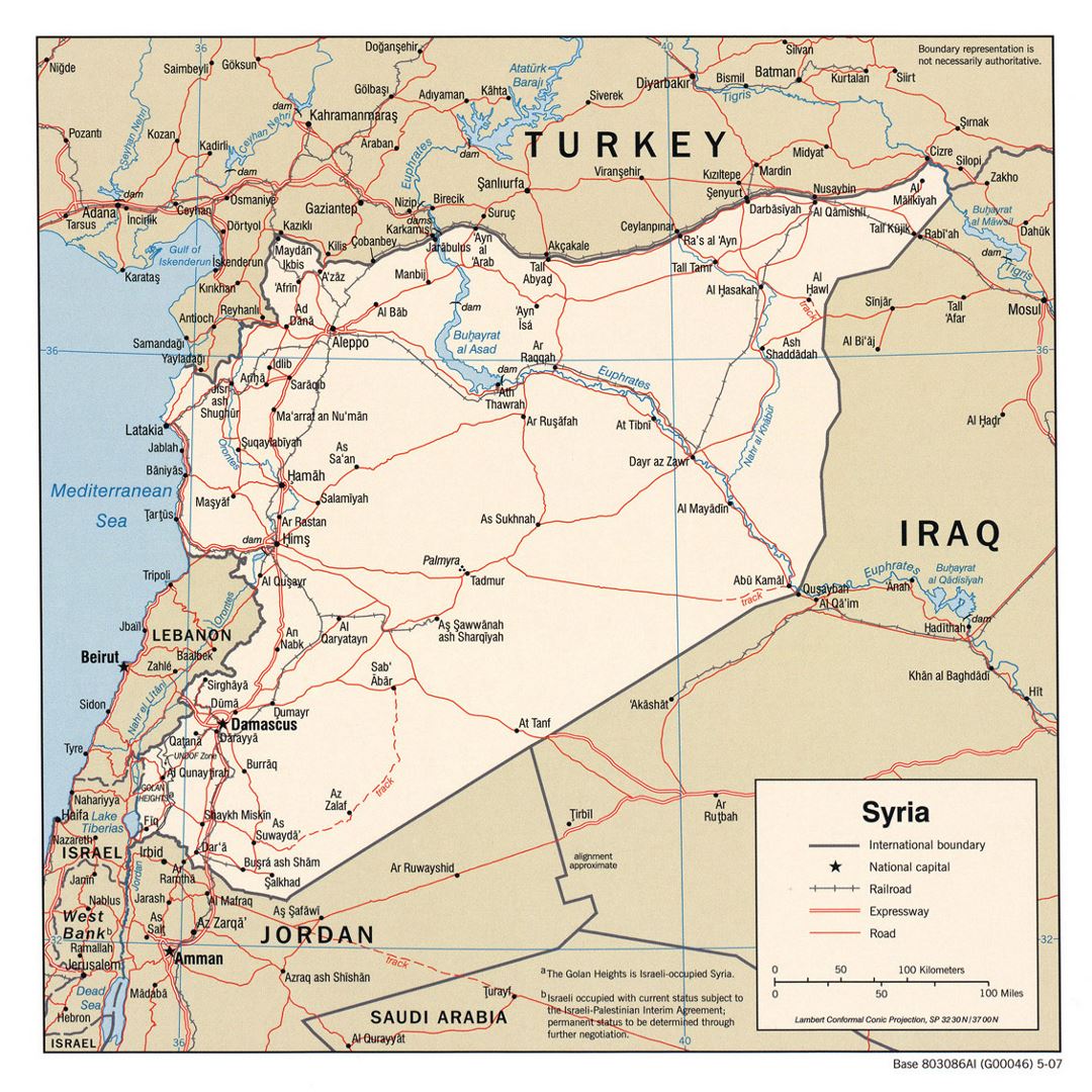 Детальная политическая карта Сирии с дорогами, железными дорогами и крупными городами - 2007