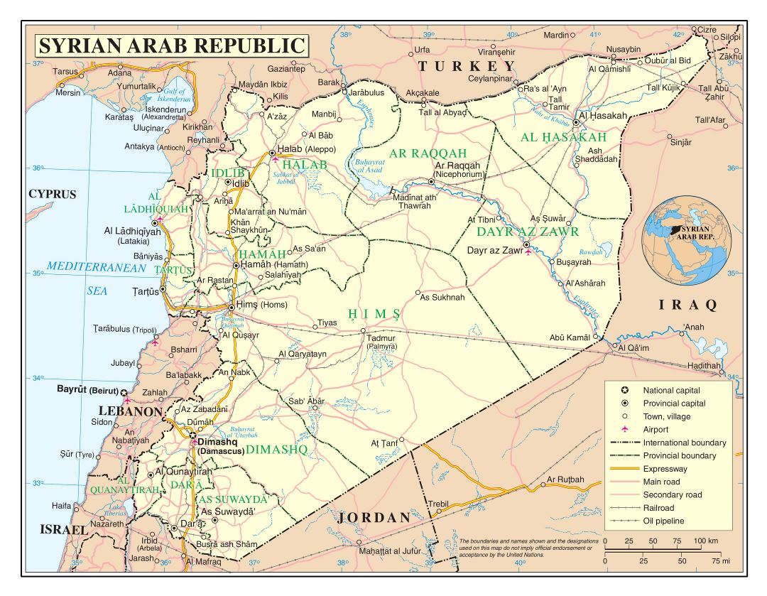 Большая детальная политическая и административная карта Сирии с дорогами, железными дорогами, городами и аэропортами