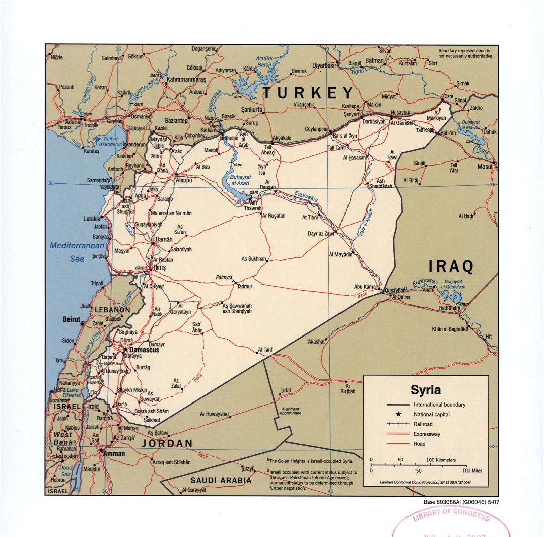 Большая детальная политическая карта Сирии с дорогами, железными дорогами и городами - 2007