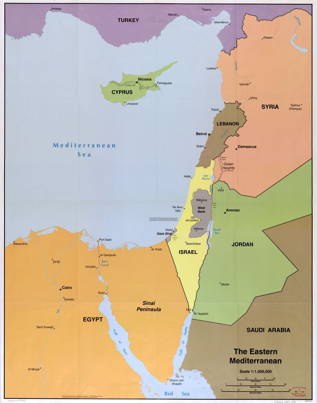 Большая детальная политическая карта Восточного Средиземноморья с крупными городами - 1997