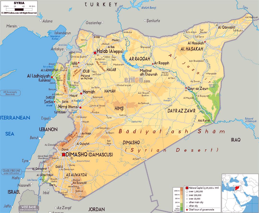 Большая физическая карта Сирии с дорогами, городами и аэропортами