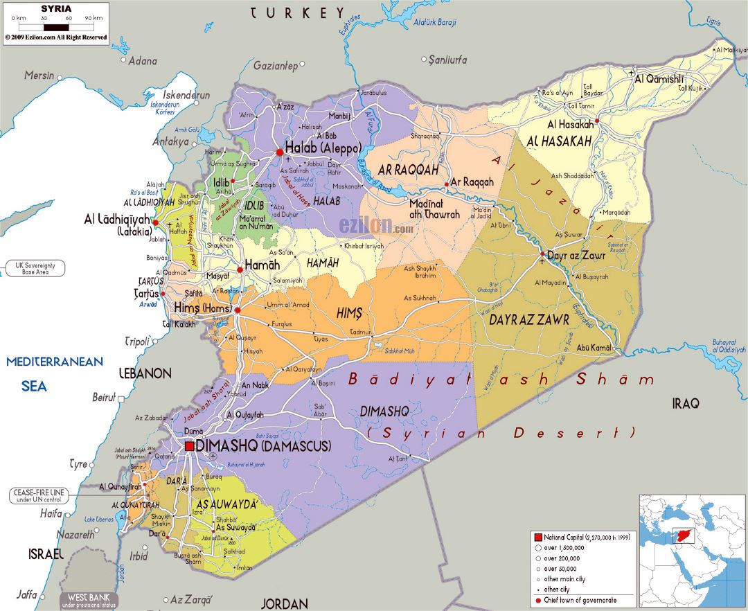 Большая политическая и административная карта Сирии с дорогами, городами и аэропортами