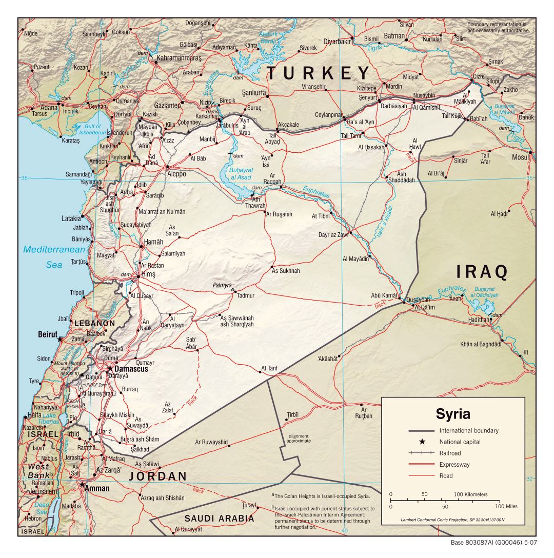 Большая политическая карта Сирии с рельефом, дорогами, железными дорогами и городами - 2007