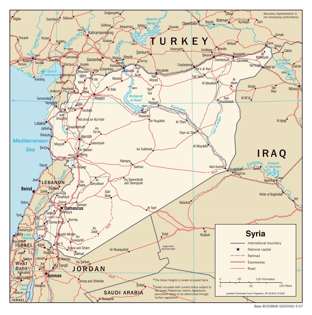 Большая политическая карта Сирии с дорогами, железными дорогами и городами - 2007