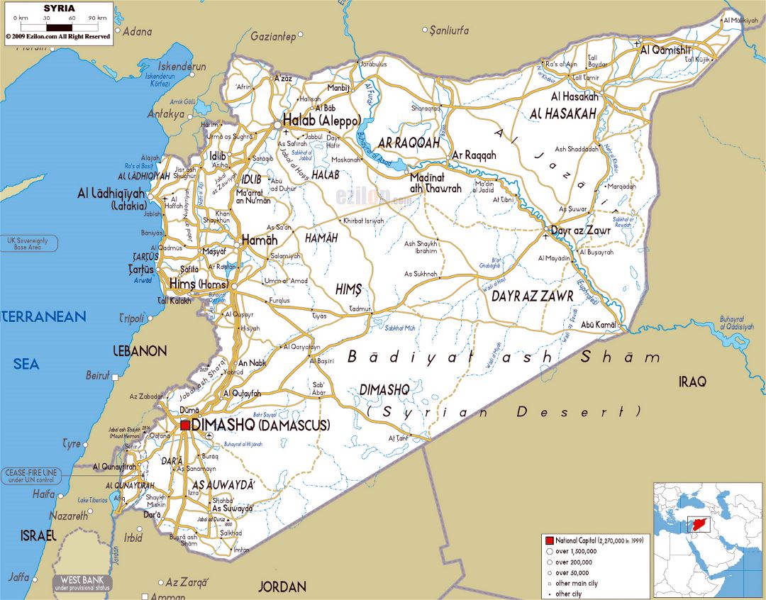 Большая карта дорог Сирии с городами и аэропортами