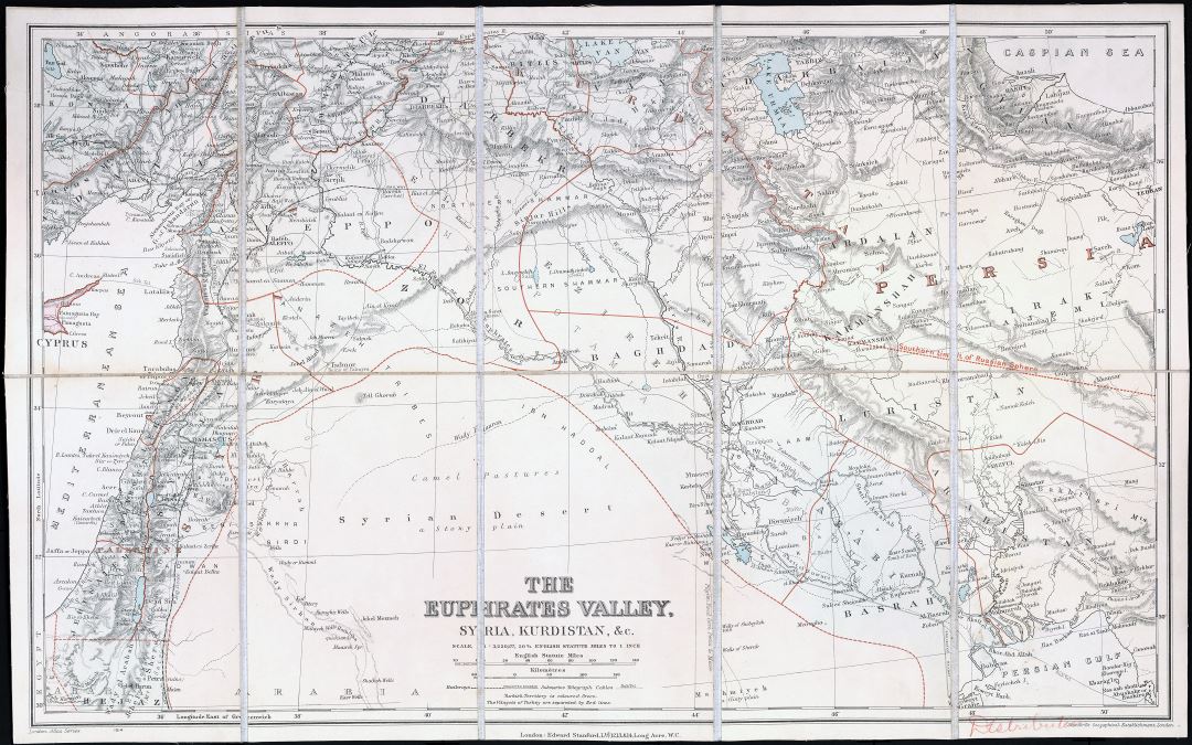 Крупномасштабная детальная старая карта долины Евфрата, Сирии и Курдистана - 1900