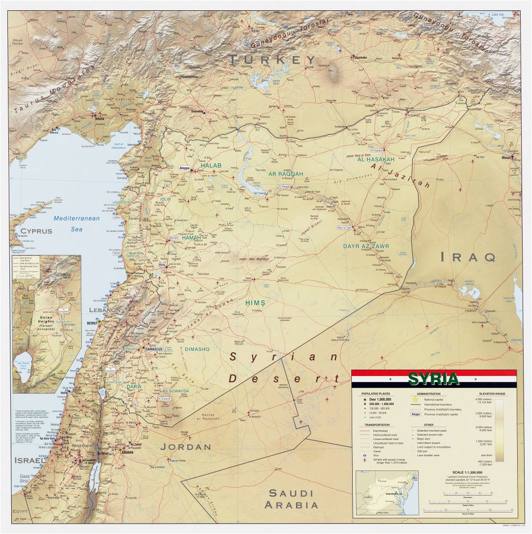 Крупномасштабная детальная настенная карта Сирии с рельефом, дорогами, железными дорогами, портами, аэропортами, городами и другими пометками - 2004