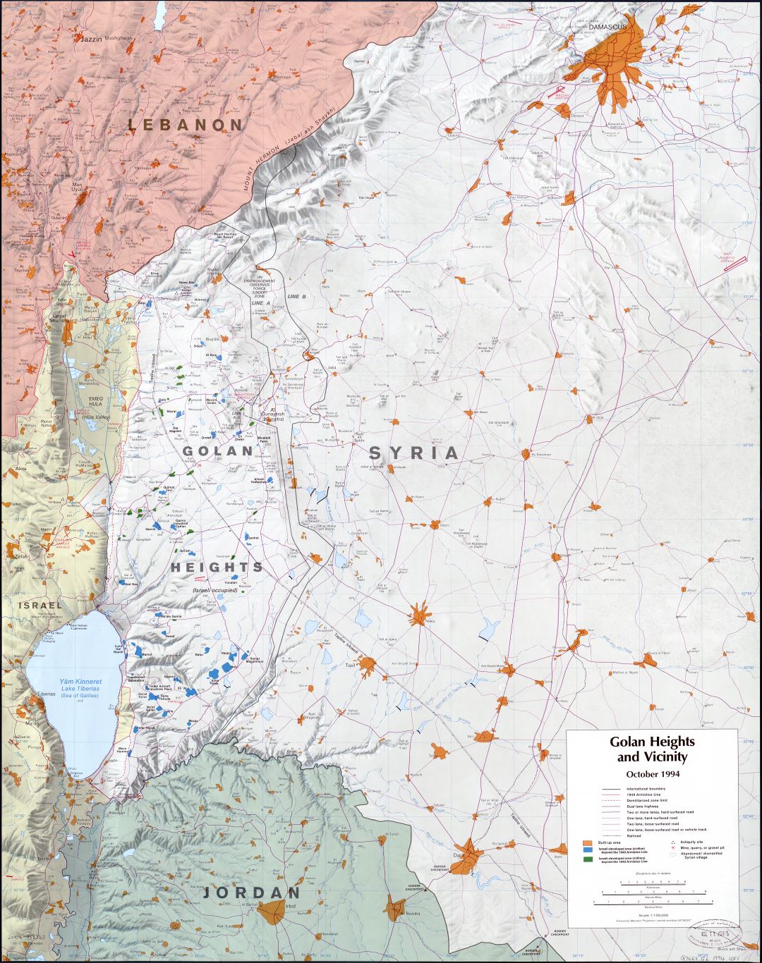 Крупномасштабная карта Голанских высот и окрестностей с рельефом и другими пометками - 1994