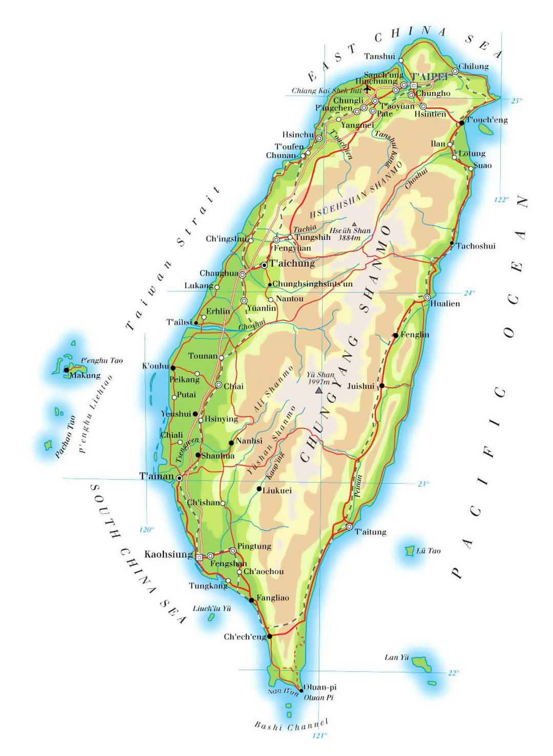 Детальная карта высот Тайваня с дорогами, железными дорогами, городами и аэропортами