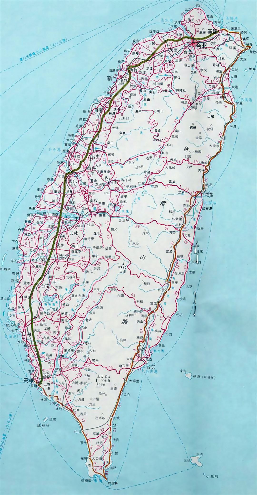 Детальная карта Тайваня с дорогами и городами