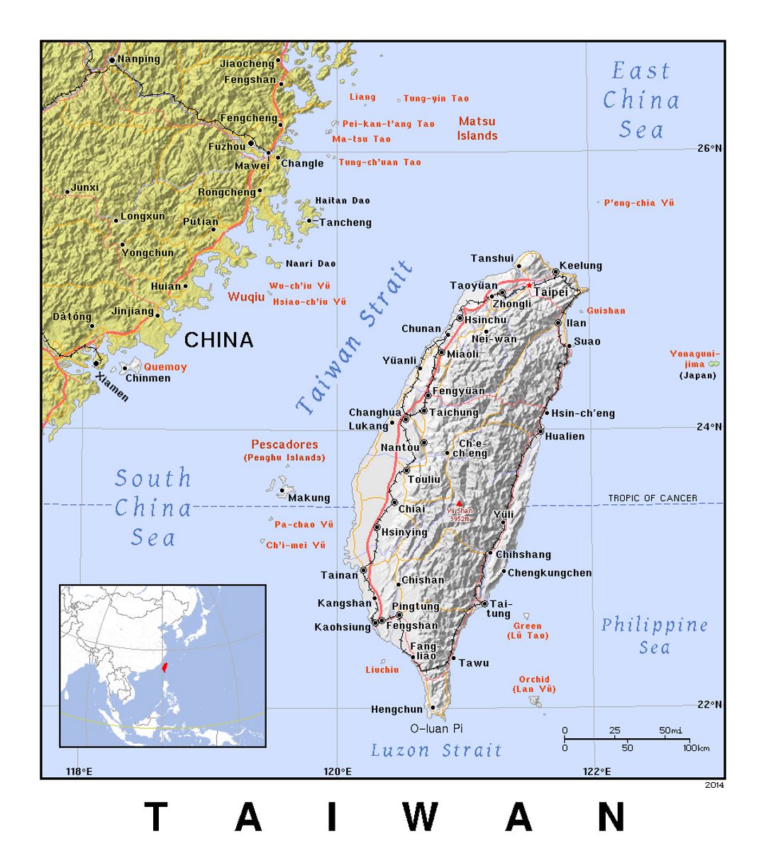 Детальная политическая карта Тайваня с рельефом