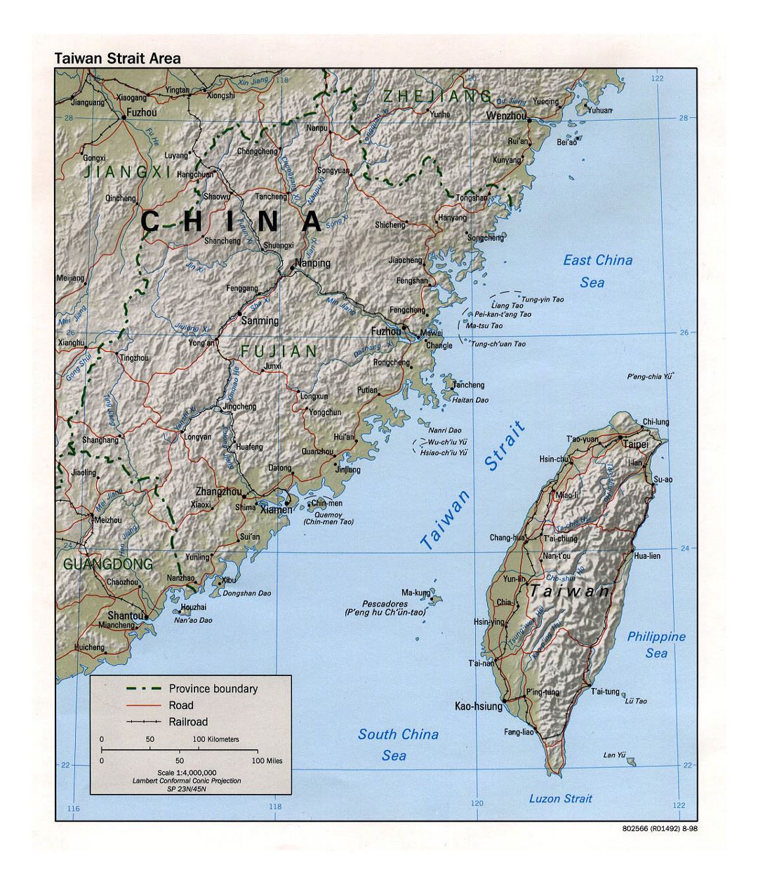 Детальная карта района Тайваньского пролива с рельефом, дорогами, железными дорогами и крупными городами - 1998