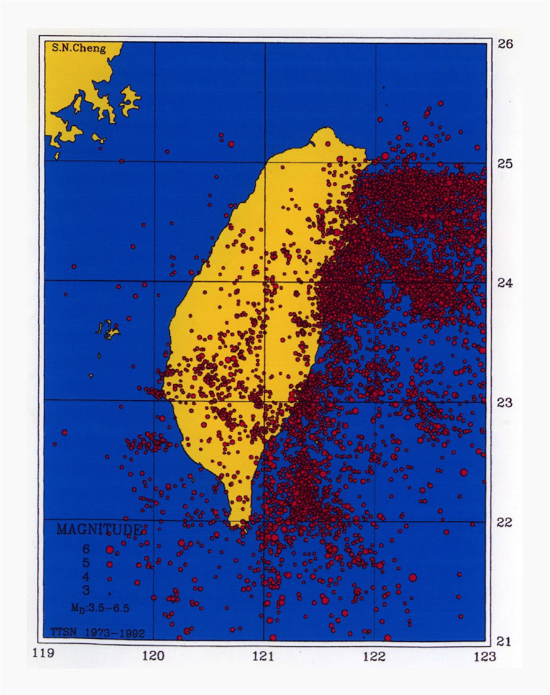 Большая детальная карта землетрясений на Тайване - 1992
