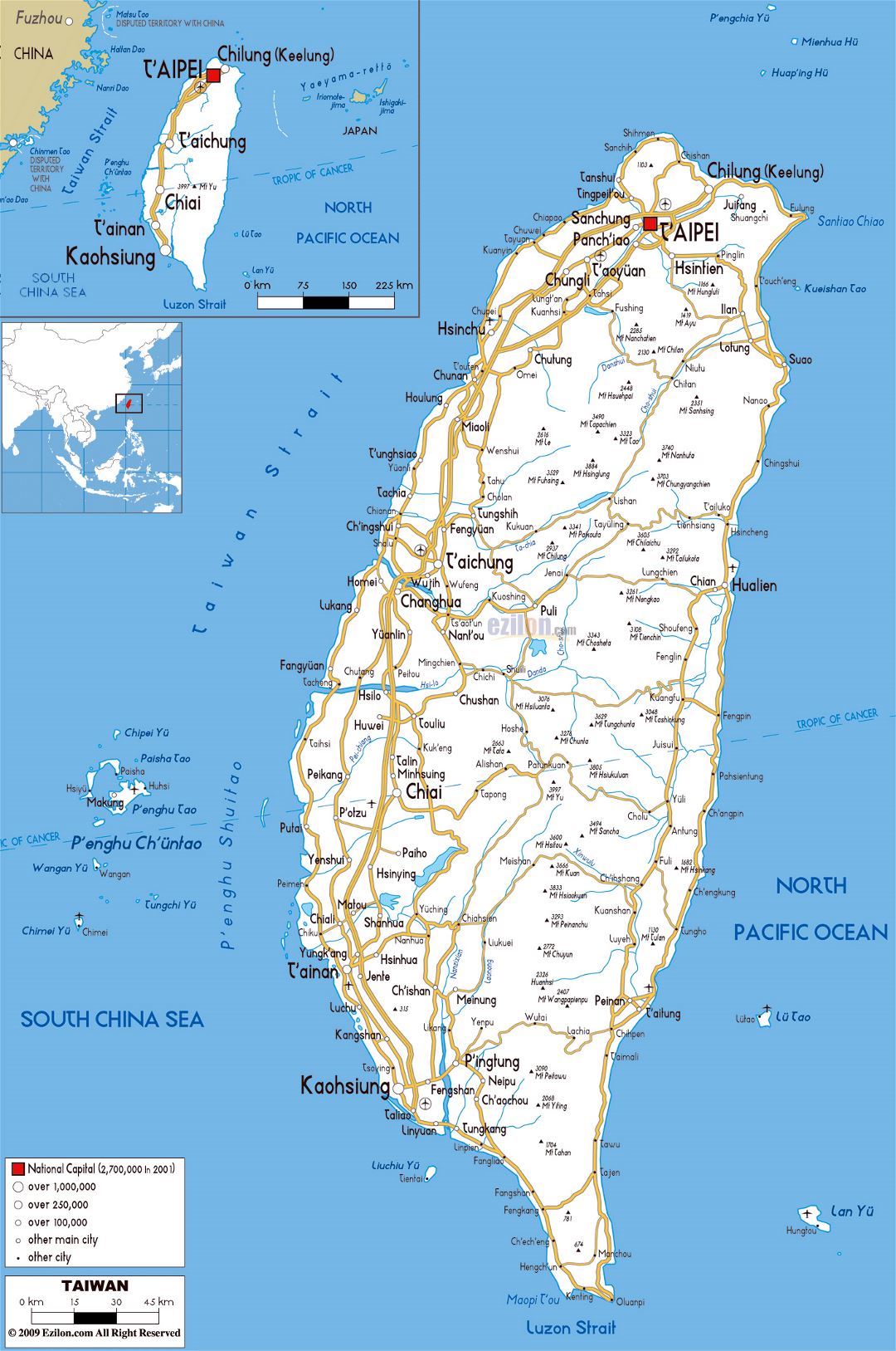 Большая карта дорог Тайваня с городами и аэропортами