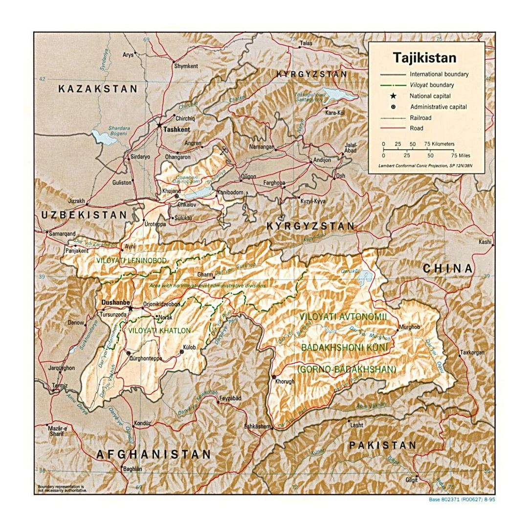 Детальная политическая и административная карта Таджикистана с рельефом, дорогами, железными дорогами и крупными городами - 1995