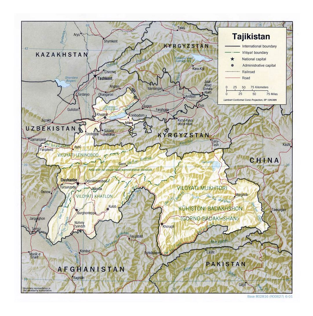 Детальная политическая и административная карта Таджикистана с рельефом, дорогами, железными дорогами и крупными городами - 2001