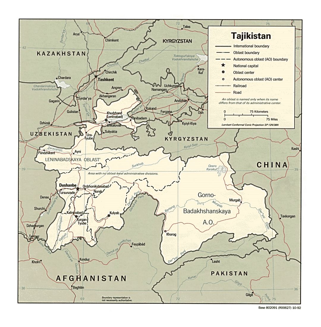 Детальная политическая и административная карта Таджикистана с дорогами, железными дорогами и крупными городами - 1992