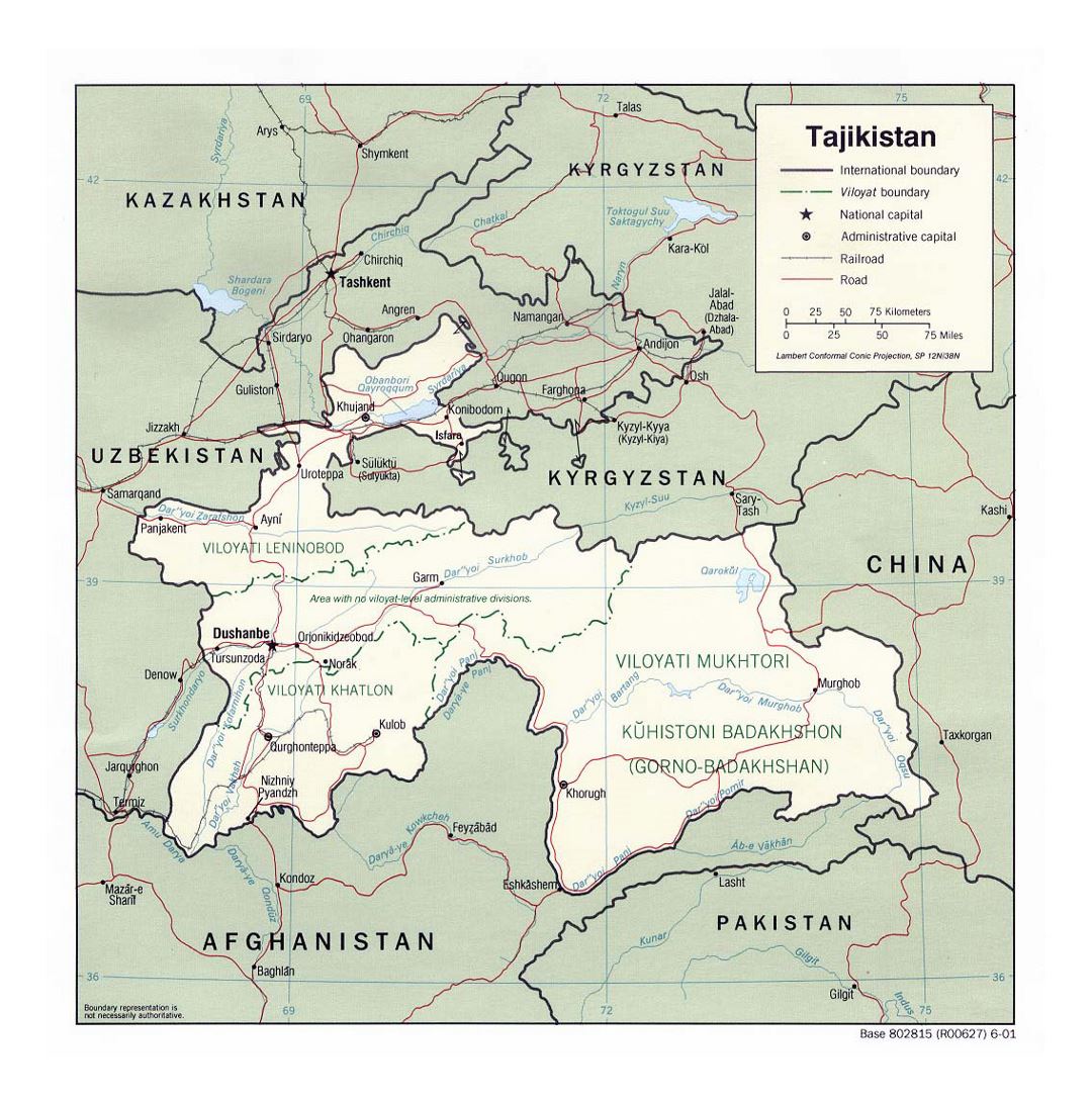 Детальная политическая и административная карта Таджикистана с дорогами, железными дорогами и крупными городами - 2001