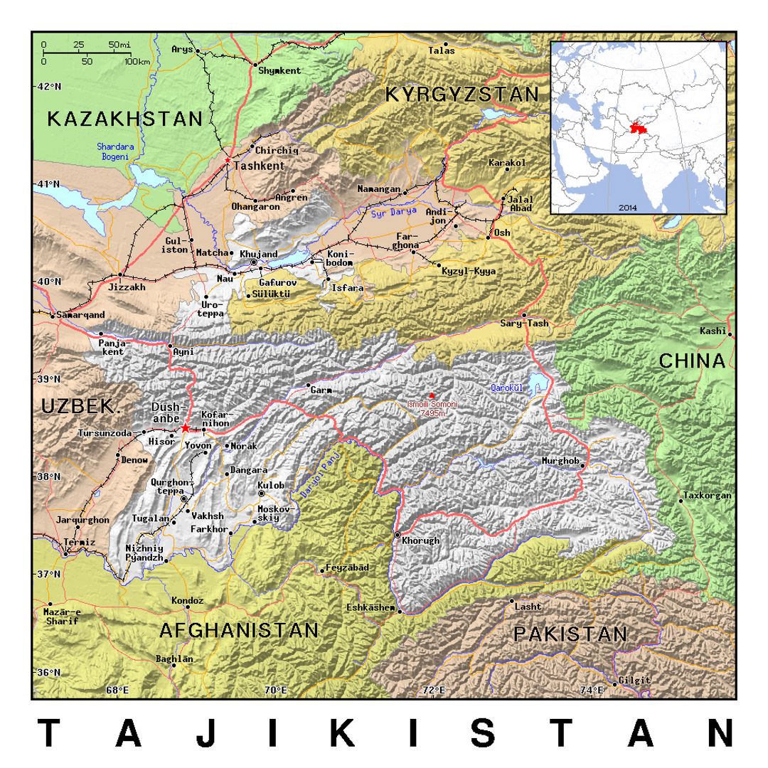 Детальная политическая карта Таджикистана с рельефом