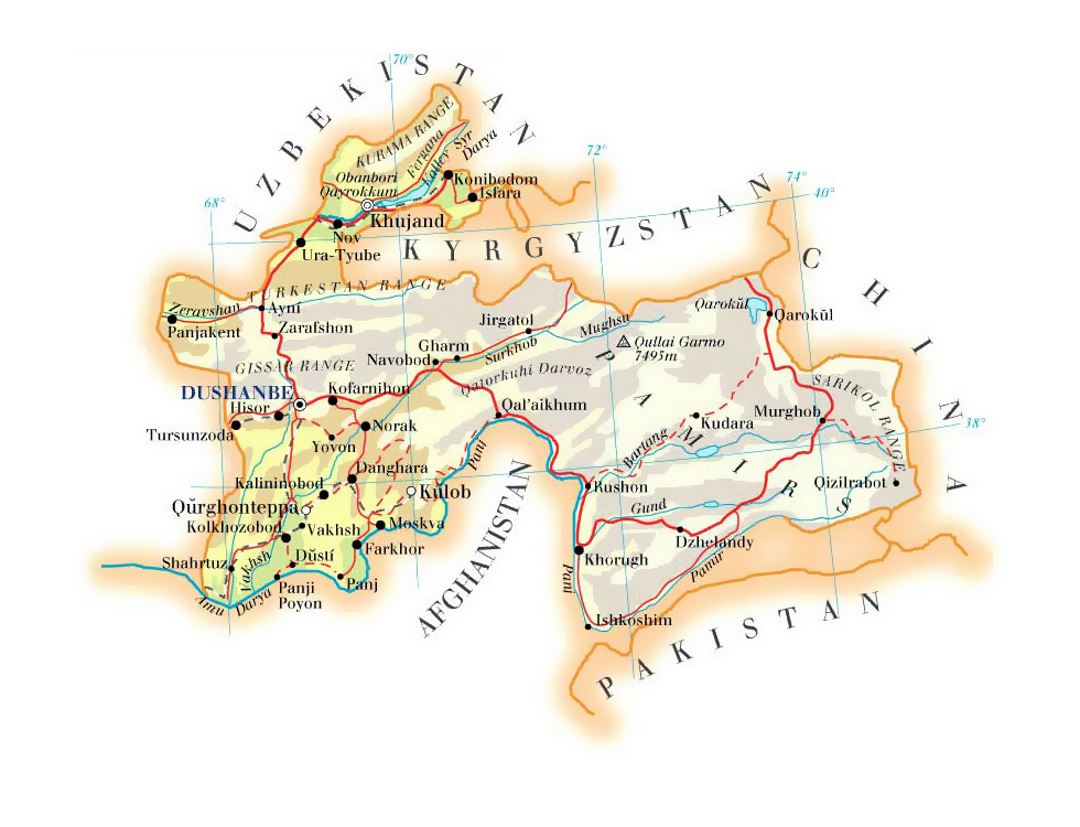 Карта высот Таджикистана с дорогами, железными дорогами, городами и аэропортами