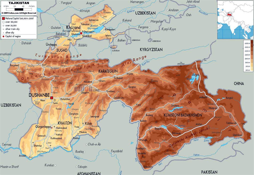 Большая физическая карта Таджикистана с дорогами, городами и аэропортами
