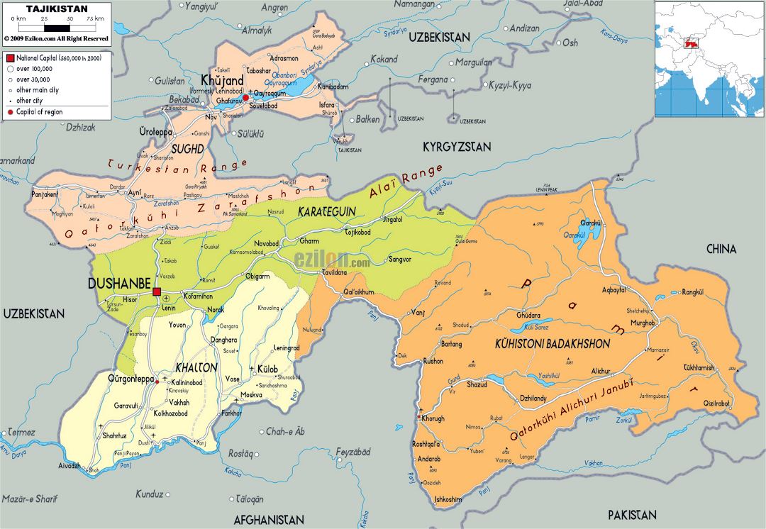 Большая политическая и административная карта Таджикистана с дорогами, городами и аэропортами