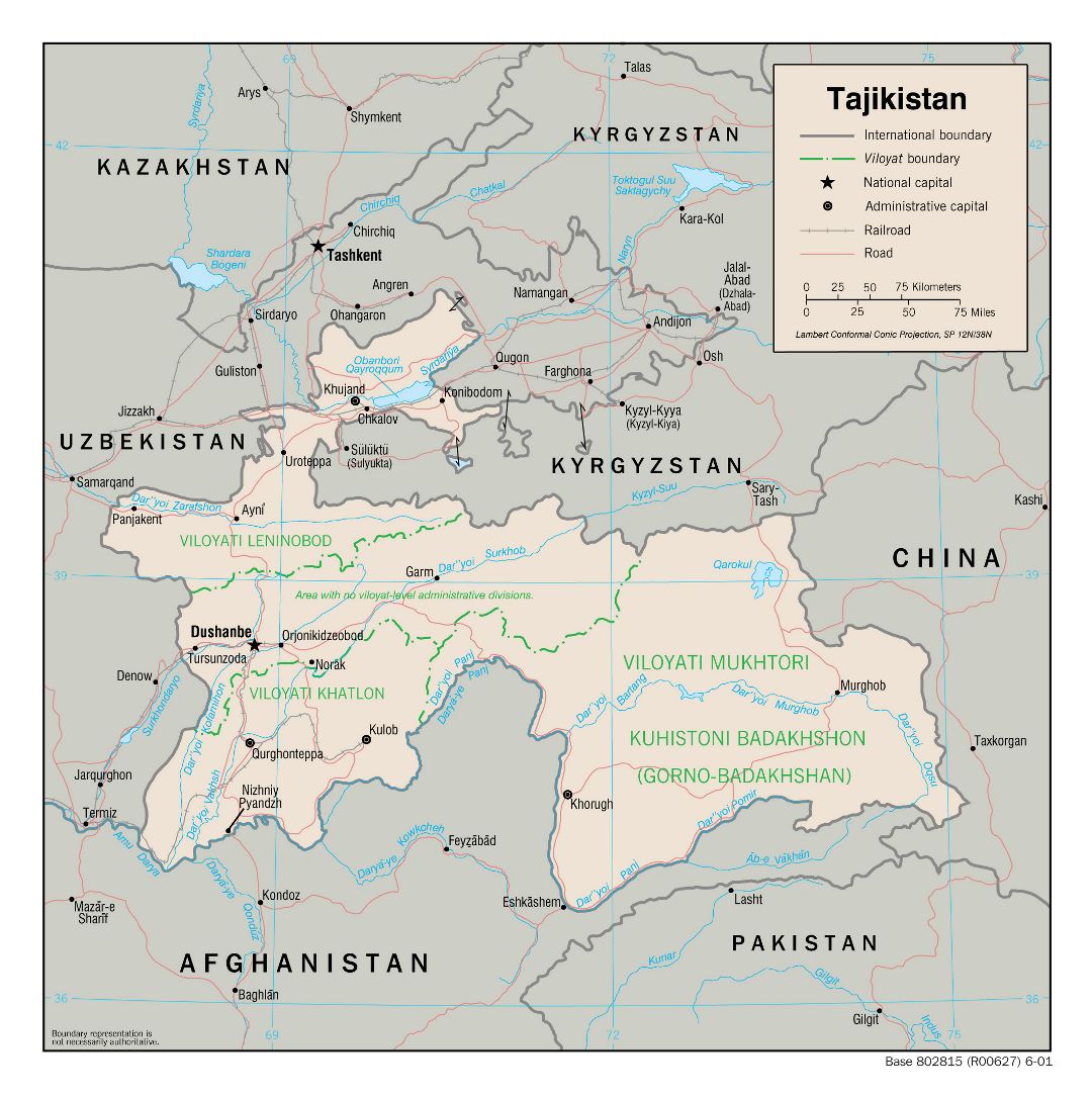 Большая политическая и административная карта Таджикистана с дорогами, железными дорогами и крупными городами - 2001