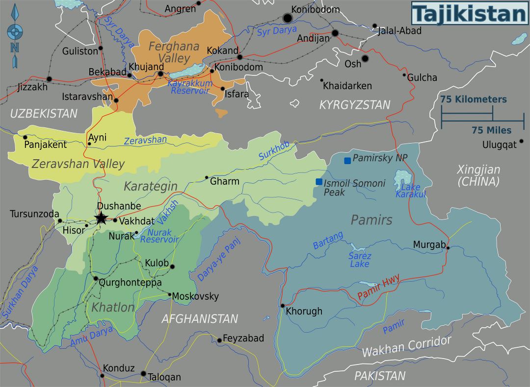 Большая карта регионов Таджикистана