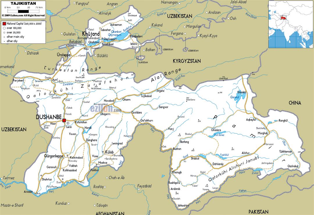 Большая карта дорог Таджикистана с городами и аэропортами